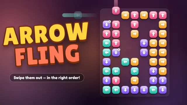 Arrow Fling gameplay: a grid of colorful arrow tiles pointing in different directions