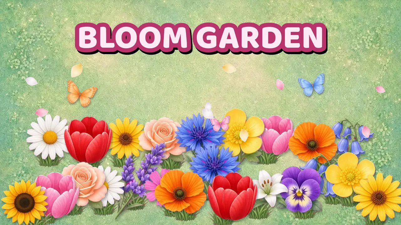 Bloom Garden gameplay: colorful flowers blooming along a finger-painted shape in a garden