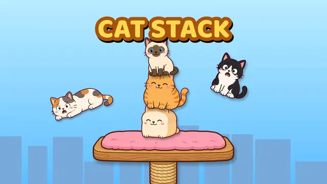 Cat Stack gameplay: a wobbly tower of cartoon cats balanced on a cushion