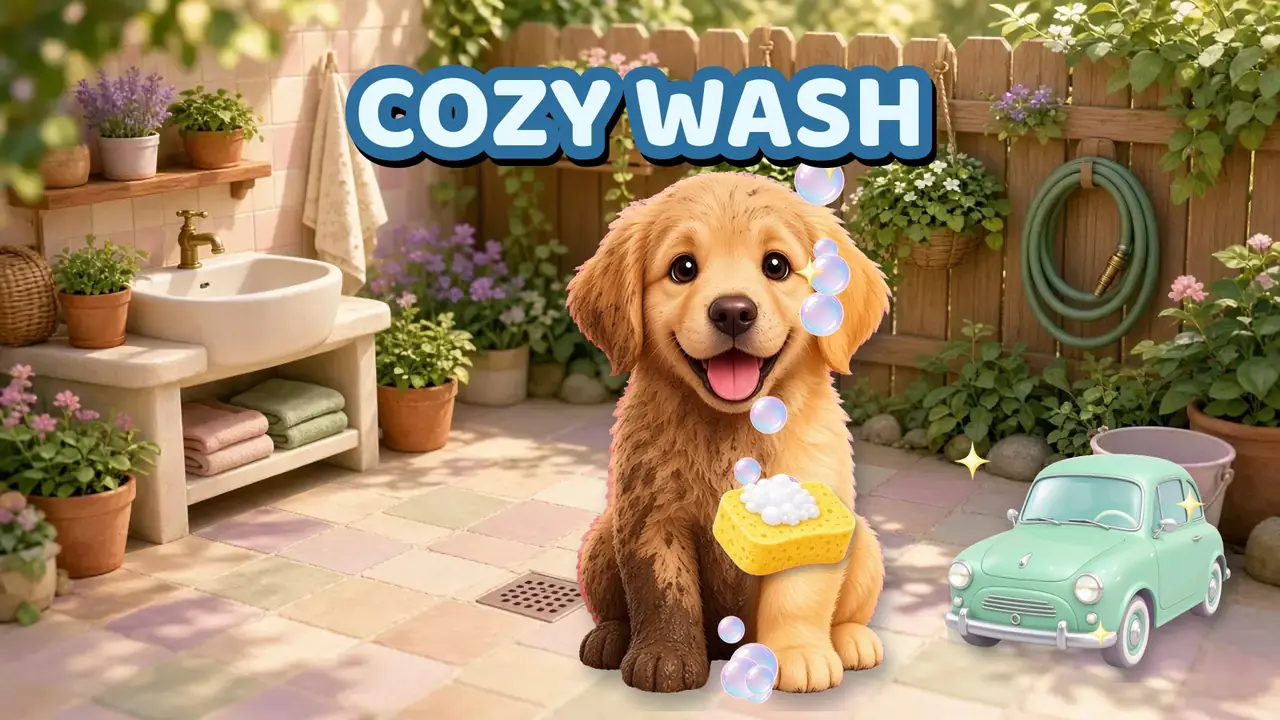 Cozy Wash gameplay: scrubbing a muddy puppy clean with soapy foam in a sunny backyard