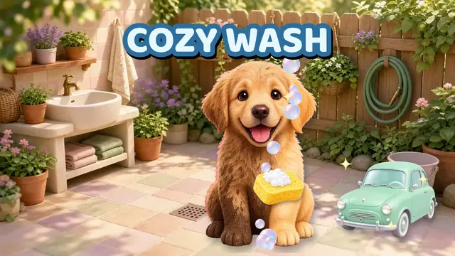 Cozy Wash gameplay: scrubbing a muddy puppy clean with soapy foam in a sunny backyard