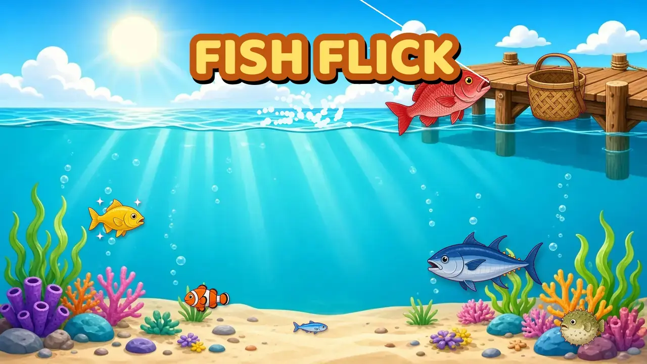Fish Flick gameplay: colorful fish swimming under a wooden dock with a fishing basket