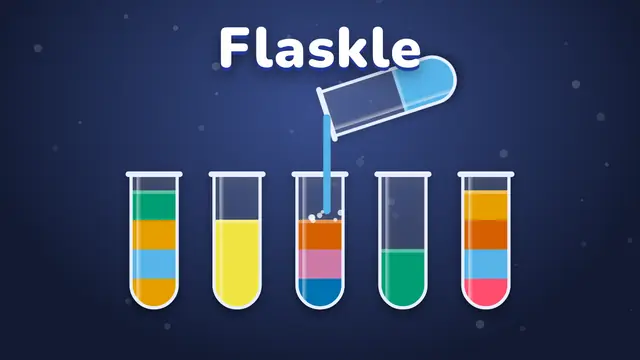 Flaskle gameplay: colorful liquid being poured between glass flasks to sort the colors