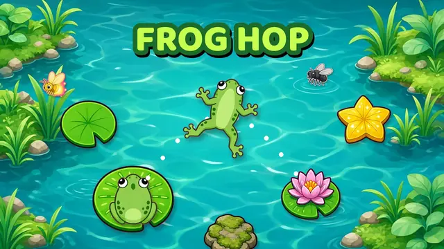 Frog Hop gameplay: a green frog on a lily pad in a pond, aiming a jump at the next pad