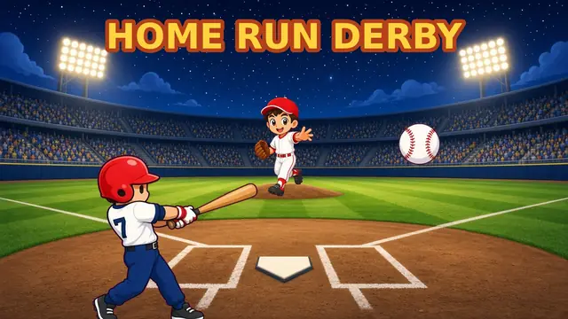 Home Run Derby gameplay: a batter ready at home plate in a floodlit baseball stadium