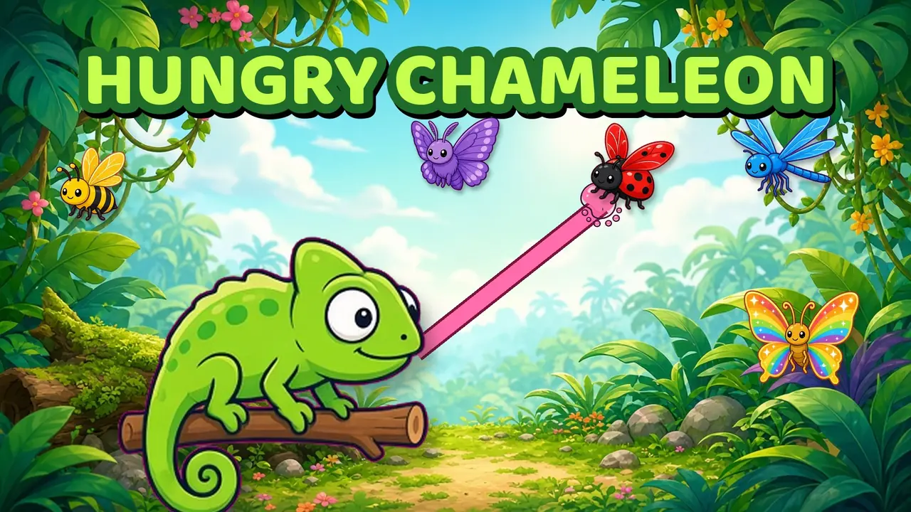 Hungry Chameleon gameplay: a chameleon on a branch shooting its tongue at a colorful bug