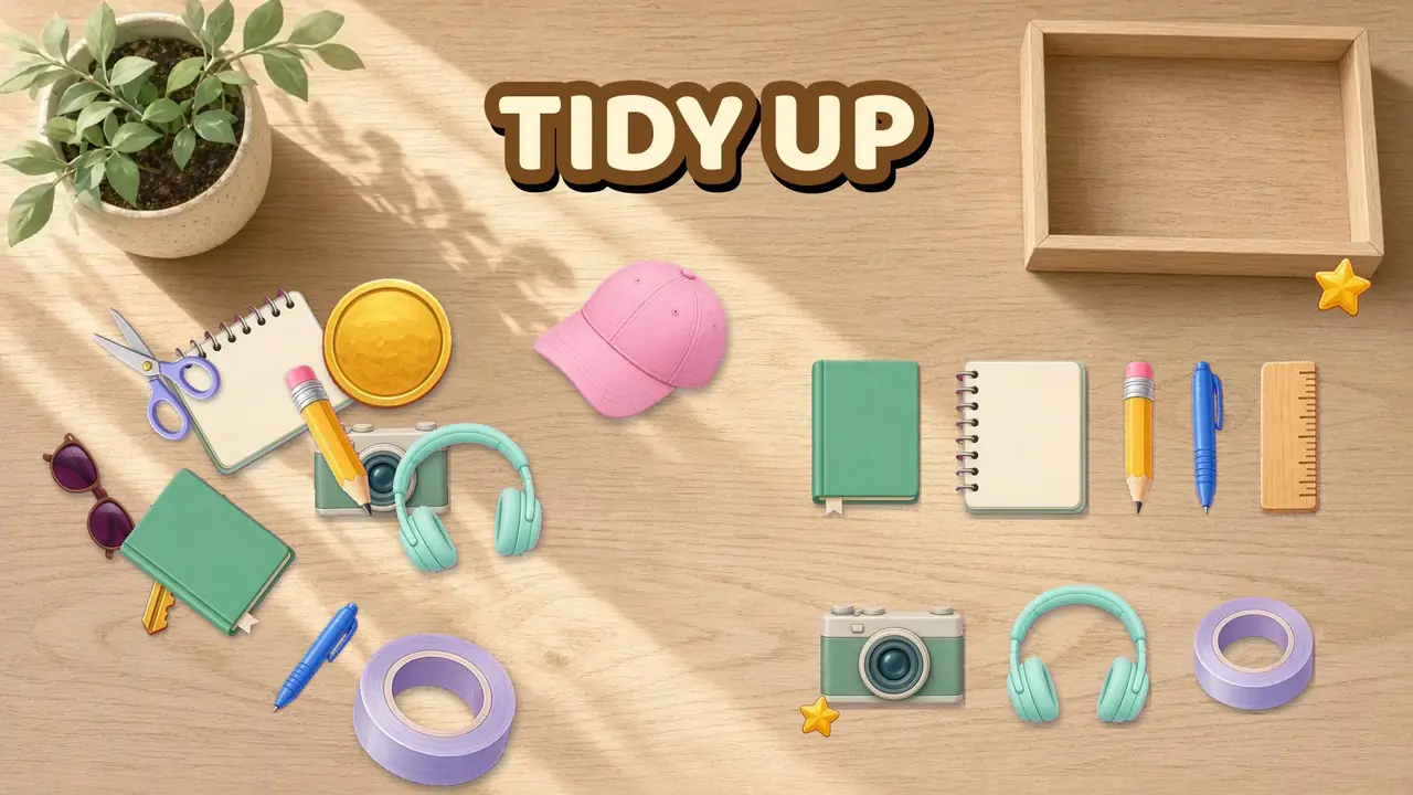 Tidy Up gameplay: scattered office items being sorted into neat outlined slots on a desk