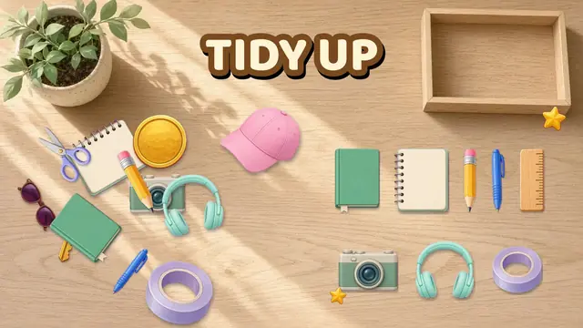 Tidy Up gameplay: scattered office items being sorted into neat outlined slots on a desk