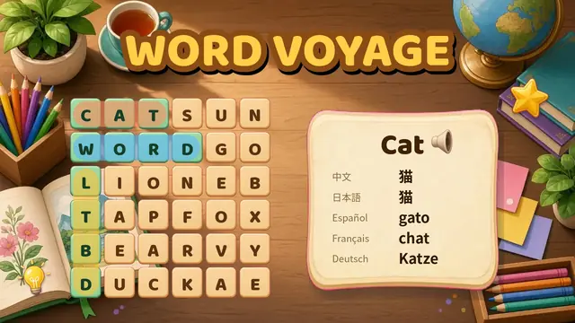 Word Voyage gameplay: a word search letter grid with found words highlighted in color